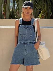 DAZY Women's Summer Casual Slant Pocket Frayed Denim Bib Pants - Blue - View 2