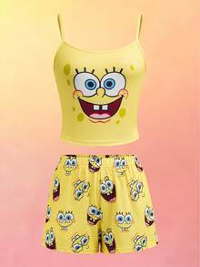 SpongeBob SquarePants | SHEIN Women's Cartoon Print Camisole And Shorts Pajama Set - Yellow - View 1