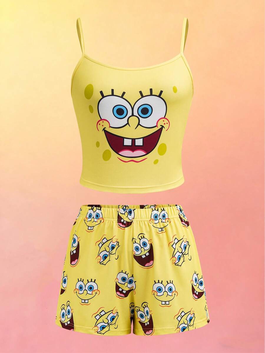 SpongeBob SquarePants | SHEIN Women's Cartoon Print Camisole And Shorts Pajama Set - Yellow - View 1