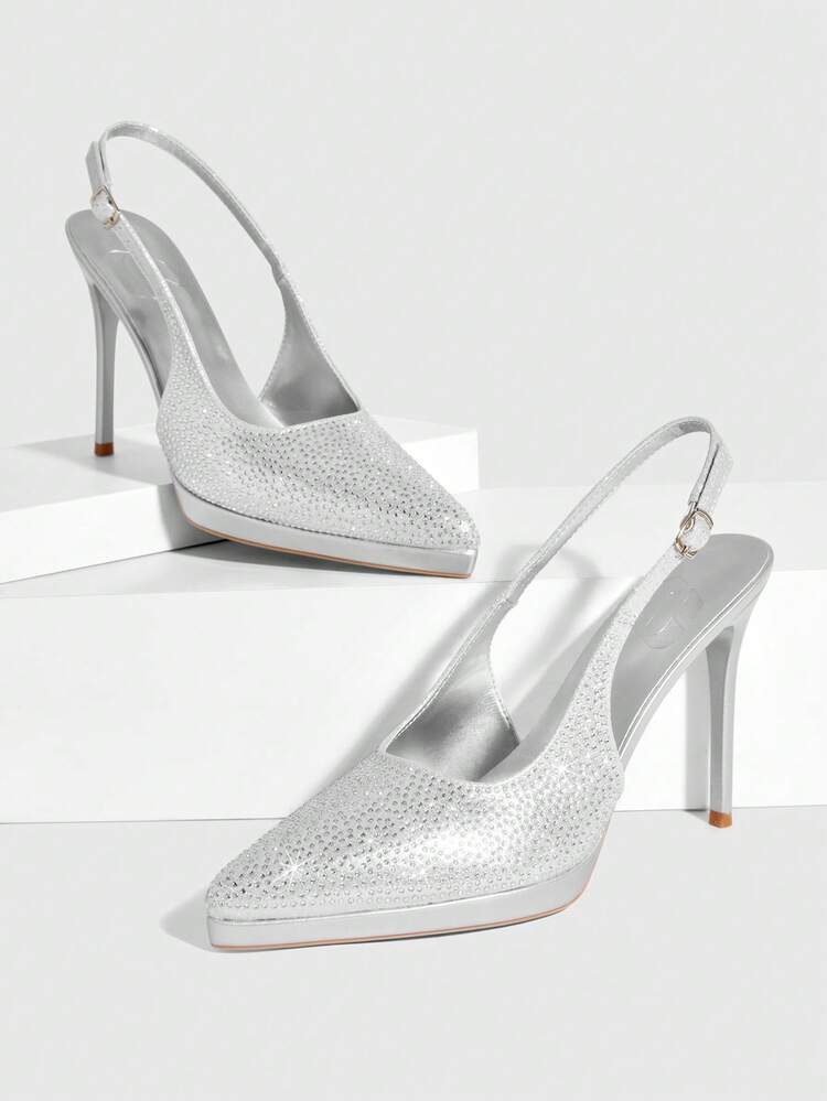 CUCCOO SZL Women Shoes Women's Pointed Thin High Heel Height Water Table Silver Rhinestone Women's High Heel Shoes Slingback Slingback Shoes Wedding Party Banquet Nightclub Stylish Gorgeous Simple High Heel Women's Shoes Spring Shoes