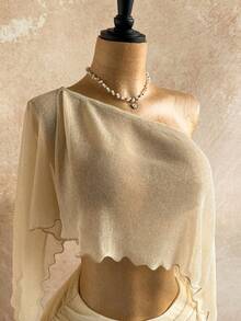 Soleia 新款性感派对金色亮片透视不对称露肩宽松不对称下摆上衣搭配低腰褶皱迷你裙套装，波西米亚风，度假风，复古风，假日风，海滩风，邮轮风 - 金色 - 查看 4