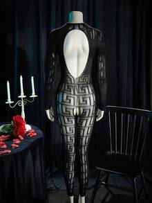 SpicyHot 女士性感内衣连体裤，黑色薄纱长袖高弹力网纱提花透视派对连衣裙 - 黑色 - 查看 9