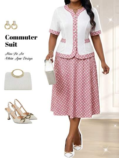 Fleurora Conjunto de 2 piezas de blusa de manga corta con abotonadura sencilla y minifalda en bloques de color para mujer de talla grande, de moda para reuniones