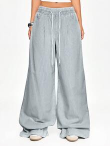 ROMWE 休闲条纹弹力抽绳宽松阔腿牛仔裤 - 藍色 - 查看 5