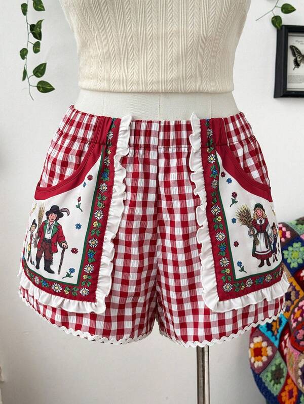Sweetra Große Größen Shorts mit elastischem Bund, weiten Taschen, digitaldruck Karomuster, locker, mit Rüschen, süß, für Urlaub, Outdoor, Date, Party