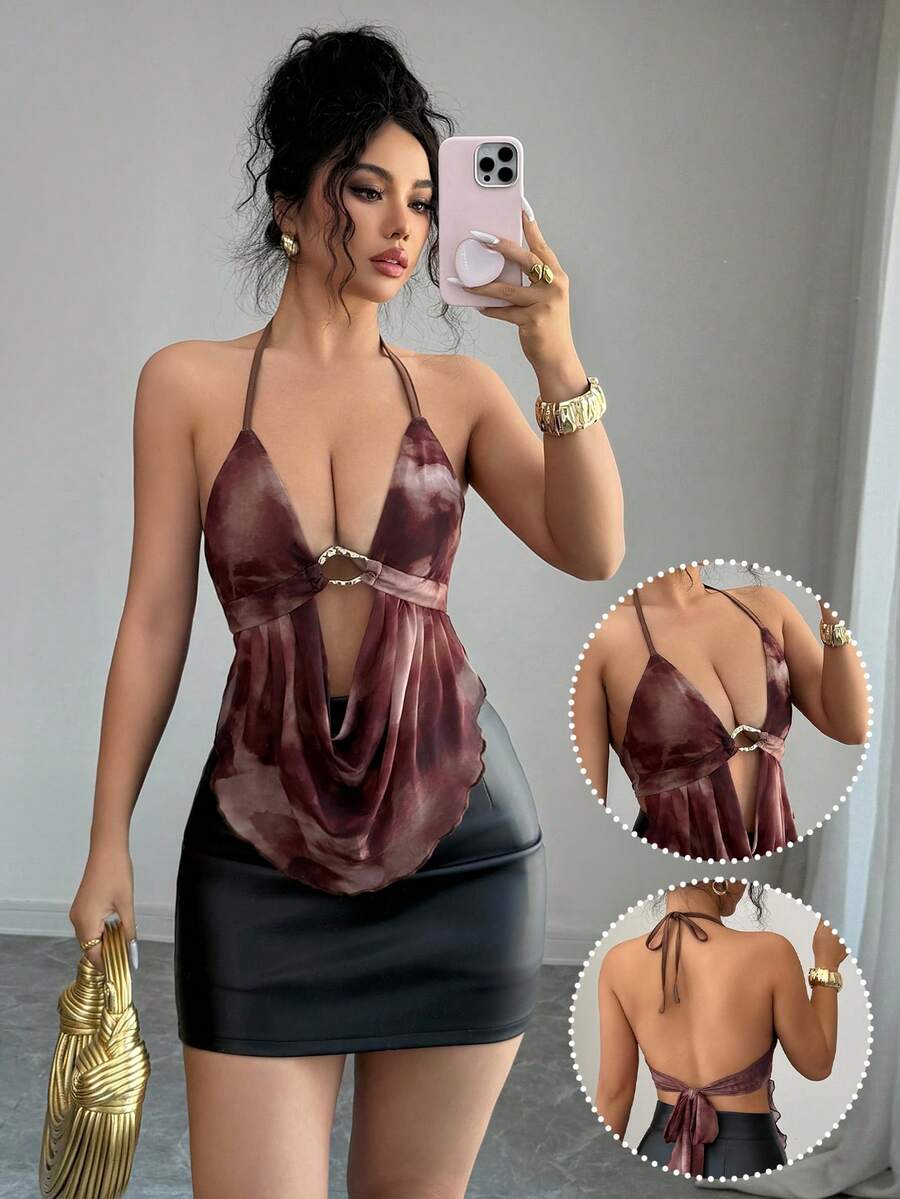 INAWLY Damen Batik-Halterneck-Top mit asymmetrischem Saum und rückenfreiem Design, Sommerurlaub - Braun - Übersicht 1