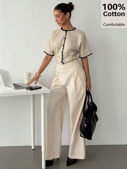 Siren Gaze Women High Waist 100% Cotton Wide Leg Pants Pleated Casual Trousers With Pockets, Comfort High Waisted Wide Leg Trousers – Pleated Loose Fit Pants For Work & Weekend, Linen Pants, Comfortable Casual Suitable For Daily Wear, Summer Casual