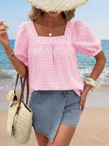 Sylviya Women's Casual Square Collar Plaid Short Sleeve Blouse, Spring/Summer,Casual - Pink - View 5