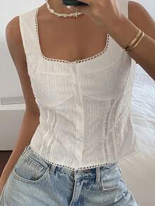 Strévra Casual Vacation Style Textured Striped Sleeveless Open Front Cropped Top, White, For Spring & Summer Babydoll Top - White - View 3