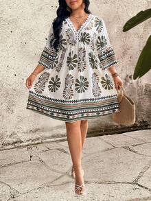 Đầm nữ cỡ lớn mùa xuân/hè in họa tiết hoa, cổ chữ V, kiểu bohemian, tay loe, phối ren, gấu đầm xếp ly, thoải mái, thích hợp cho kỳ nghỉ. - xanh quân đội - Xem 5