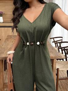 Weeklong Plus Size Women's Casual V-Neck Beaded Decor Jumpsuit, Spring/Summer - Army Green - View 1