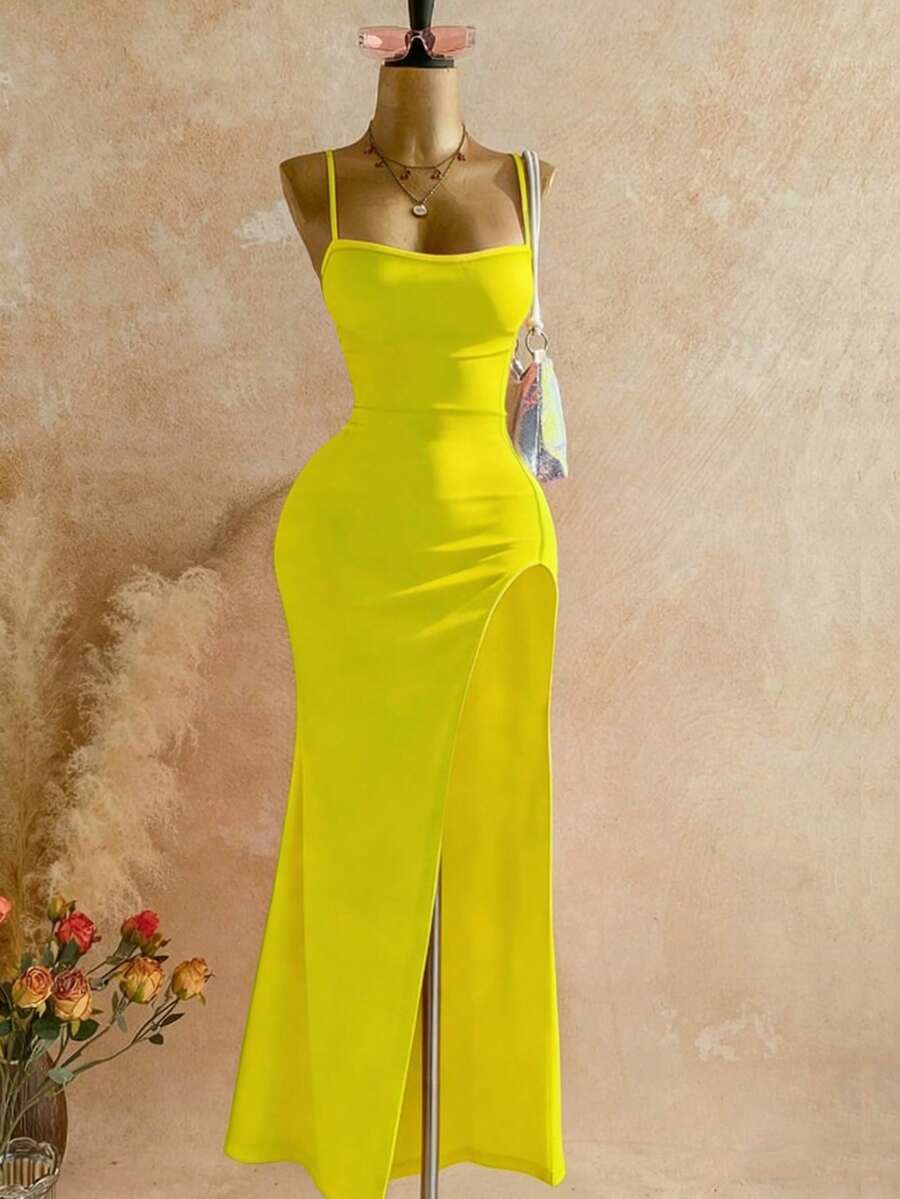 Roelina 女士纯色侧开衩性感吊带裙 - 鵝黃色 - 查看 1