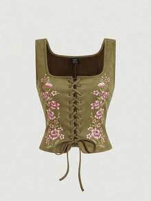 SHEIN MOD 女士印花系带方领吊带衫 - 軍綠色 - 查看 3