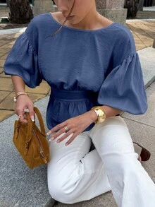 SHEIN PariChic 2026新款春夏圆领上衣，甜美灯笼袖奶油黄宽松休闲露背蝴蝶结衬衫，亚麻棉质感面料，舒适百搭奶油黄女式衬衫 - 深色水洗藍 - 查看 2