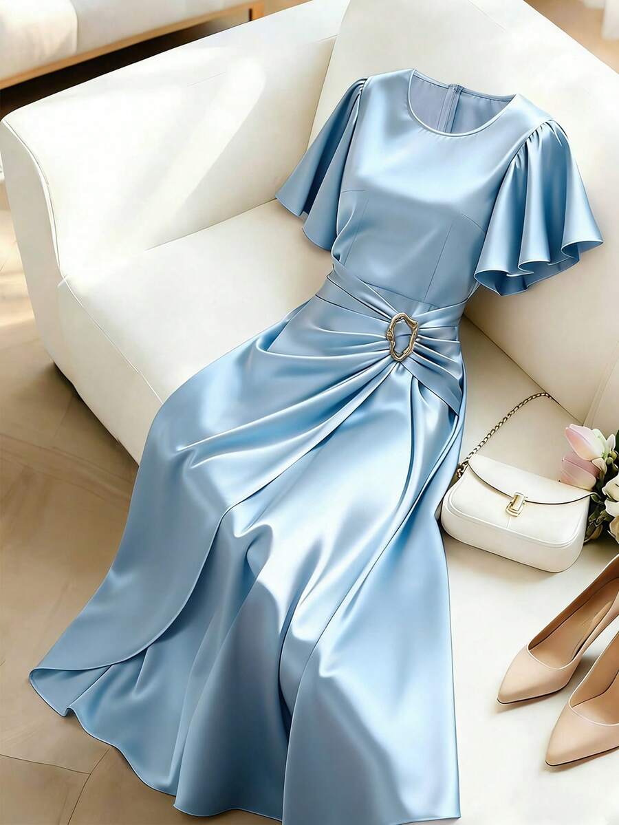 Franclia Đầm thanh lịch dành cho nữ, đầm dự tiệc, đầm satin phối kim loại, đầm tay xòe, đầm cổ tròn, đầm mùa xuân/hè. - Màu xanh nhạt - Xem 1