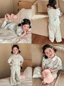 DAZY Young Girl Striped Short Sleeve Button-Up Pocket Top And Pants Loungewear Set - Multicolor - View 10