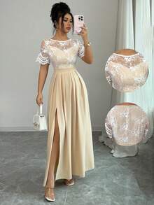 SHEIN Elenzya Đầm nữ tay ngắn phối ren, dáng ôm, xẻ tà, kiểu dáng thường ngày. - Màu be - Xem 1
