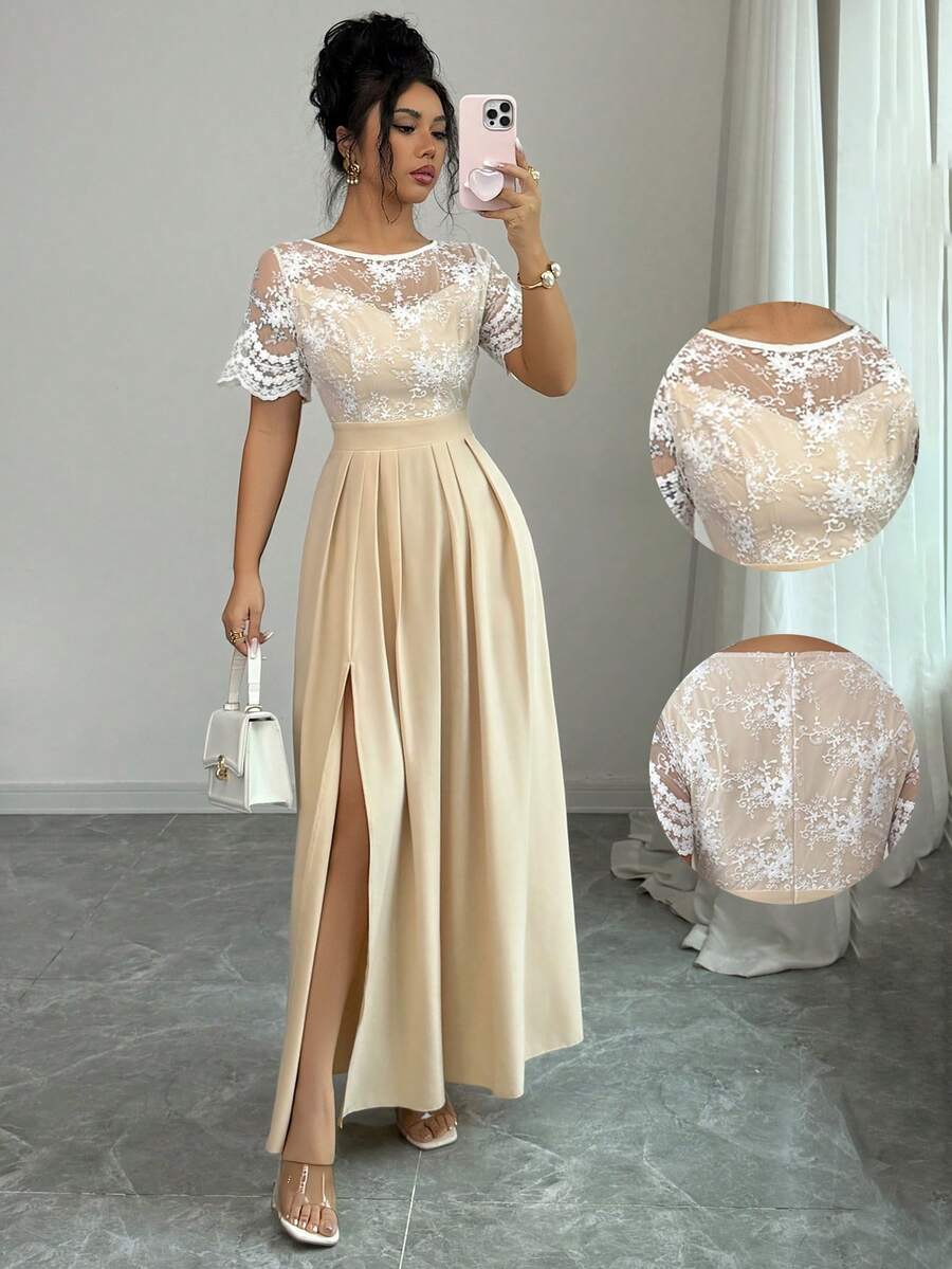 SHEIN Elenzya Đầm nữ tay ngắn phối ren, dáng ôm, xẻ tà, kiểu dáng thường ngày. - Màu be - Xem 1