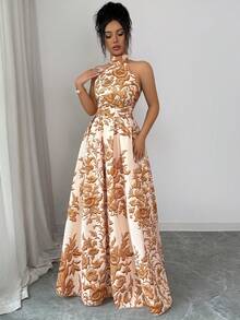 SHEIN Elenzya Vestido de mujer con estampado floral elegante, sin mangas, espalda descubierta, cintura ceñida y cuello - Marrón - Ver 4