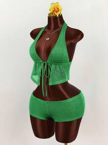 Amplova Deep V-Neck Halter Tie-Up Super Low Waist Striped Mini Shorts 2 Pieces Set - Green - View 3