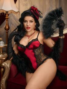 PinupPomp 女士酒红色和黑色蕾丝拼接修身腰部蝴蝶结装饰复古宫廷性感优雅连体裤，单件装 - 酒紅色 - 查看 4