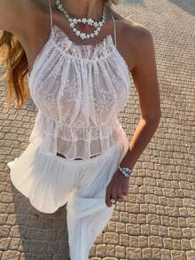 Easelle Music Festival Bohemian Ruched Lace Sheer Sexy Romantic Backless Halter Top For Women Bohemian Tops White Boho Top - White - View 1