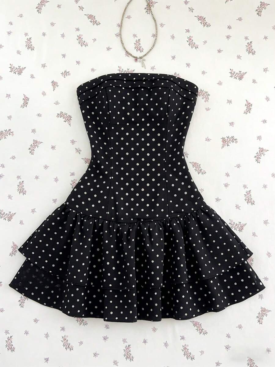 Elamini Nuevo vestido de verano con diseño de volantes estilo francés dulce, sin tirantes, ajustado, con bajo escalonado elegante, adecuado para fiestas, citas, festivales de música, playa - Estampado de lunares negros - Negro - Ver 1