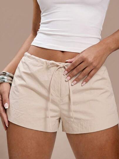 Avantive Khaki-Colored Simple Short Pants For Daily Work And Casual Wear Women's Solid Color Drawstring Waist Casual Versatile Daily Wear Shorts Summer Spring Outfits For Women Festival Beach Outfits Casual Vacation Outfits
