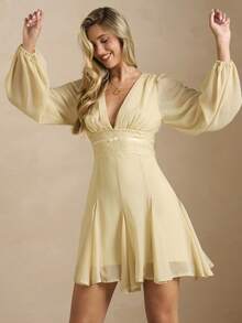 Enchnt 女士纯色深V领褶皱优雅长袖连衣裙 - 黃色 - 查看 4