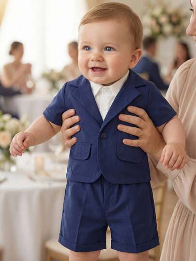 SHEIN 两件套男宝宝夏季学院风绅士套装，藏蓝色简约短袖西装外套搭配休闲短裤，适合生日派对、锐舞派对、晚宴、演出、婚礼、迎婴派对、洗礼、周岁生日庆祝、婚礼宾客等场合。