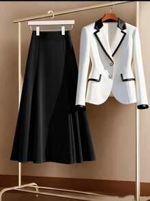GlowEve CURVE Blazer de Manga Longa com Gola Padre para Mulheres Plus Size, Cor Sólida Versátil, Adequado para Uso Diário, Outono/Inverno, Emagrecedor, Conjunto Minimalista de Duas Peças - Multicolorido - Visão 1
