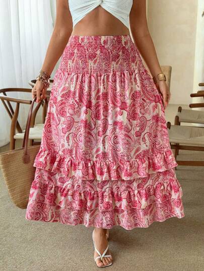 Ceyna Plus Size Women Pleated Allover Print Casual Versatile Date & Outing Skirt