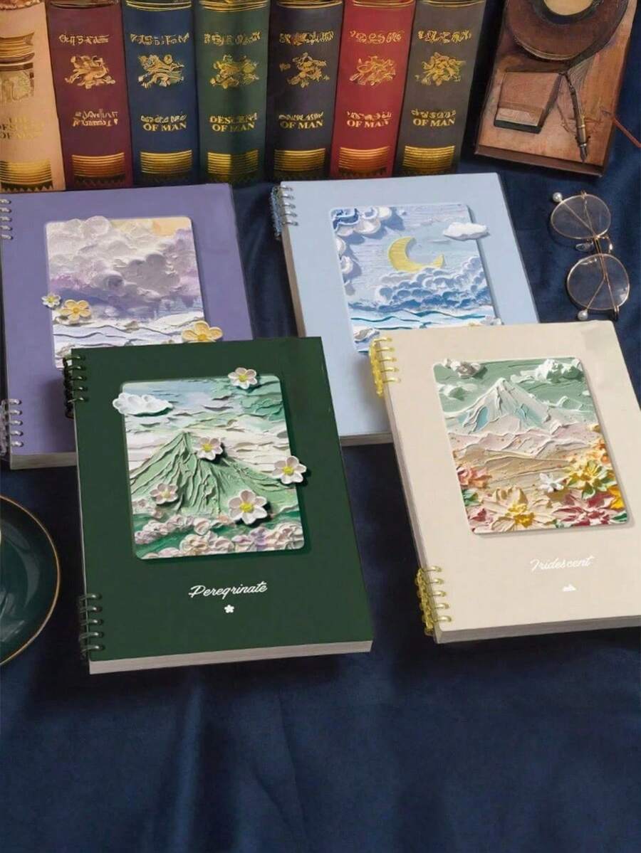 1 PC A5 Size Thick Loose-Leaf Notebook Oil Painting Scenery Coil Student Notebooks 60 Pages Cute Notebook With Detachable Pages For School, Journaling, School Supplies,Back To School - Multicolor - View 1