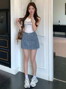 Chân váy denim ngắn dáng suông kẻ sọc kiểu dáng thường ngày dành cho nữ, thích hợp cho mùa hè. - Rửa trung bình - Xem 10