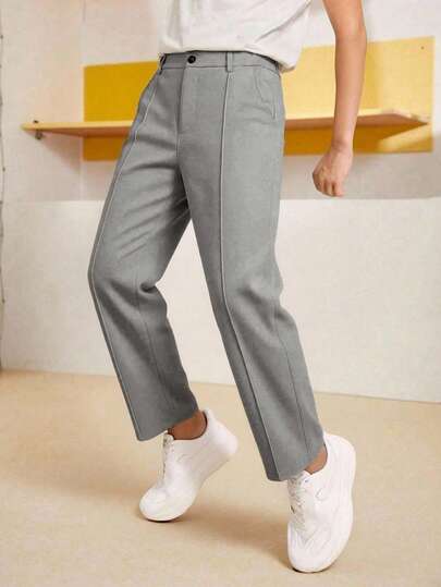 SHEIN Mirajuku Casual, taps toelopende broek met plooien in effen kleur voor tienerjongens, geschikt voor school en feestjes.