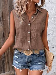 EMERY ROSE Women's Vacation Casual Solid Color Sleeveless Shirt Vacation Shades Of Brown Summer - Brown - View 6