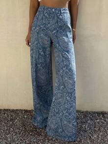 Livesso Quần jeans nữ màu xanh nhạt họa tiết hoa điều, kiểu dáng thường ngày, thích hợp cho mùa hè, xuân và thu. - Rửa tối - Xem 7