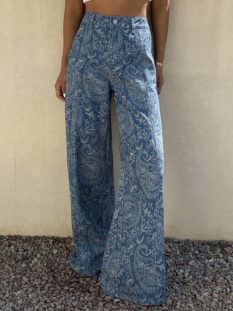 Women's Loose Fit All-Over Print Wide Leg Washed Denim Jeans