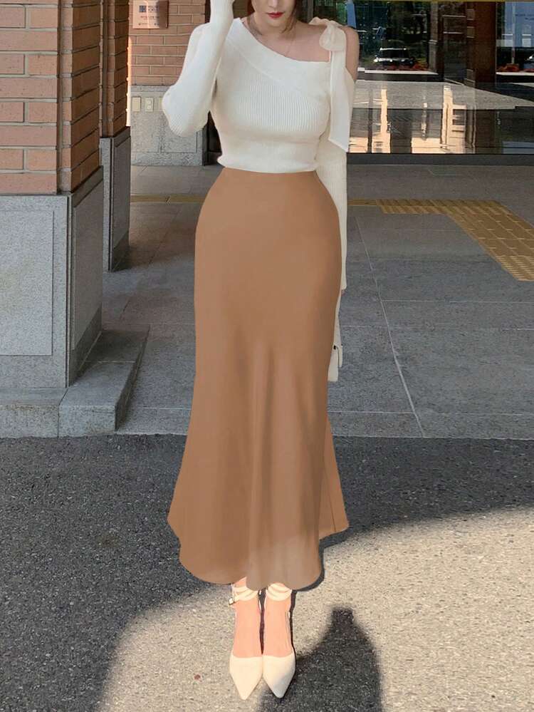 Women's Fitted Solid Color Satin Maxi Mermaid Skirt, Spring/Summer