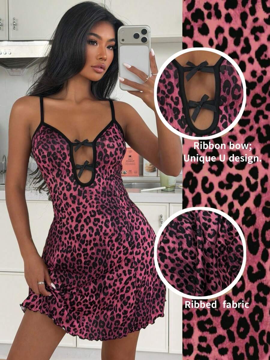 Leopard Print Bow Ribbed Honeycomb Sexy Lace Trim Camisole Nightgown For Women - Hot Pink - View 1