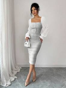 Elenzga Elegant Date/Holiday Tweed Patchwork Chiffon Collared Dress - Black and White - View 6