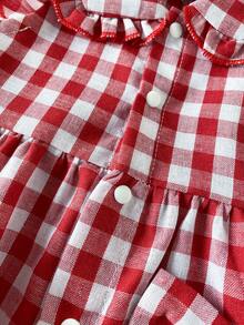 SHEIN Newborn Casual Everyday Bow Tie Red & White Plaid Cap Sleeve Dress + Headband, Versatile For Summer Outings, Photo Shoots Or Daily Wear - Red - View 3