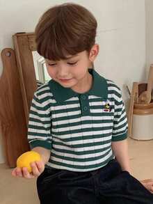 Dazy Kids Cartoon Bear Pattern Striped Short Sleeve Casual Polo Sweater For Young Boy Summer - Dark Green - View 4