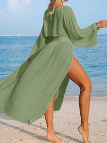 Swim Vcay 女士白色长袖开衩休闲沙滩罩衫两件套 - 軍綠色 - 查看 2