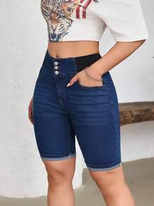 Slaydiva Women's Casual Elastic Waist Cuffed Hem Denim Shorts - Dark Wash - View 5