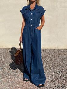 DAZY 女士牛仔背带裤连体裤，翻领 Polo 衫，短袖长裤 - 藍色 - 查看 3