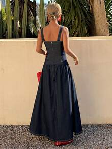 Livesso 夏季棉质蓝色方领条纹装饰度假牛仔连衣裙（女款） - 藍色 - 查看 2