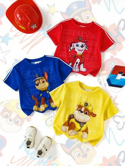 SHEIN | PAW Patrol Bộ 3 áo thun thể thao năng động, vui nhộn dành cho bé trai, cổ tròn, tay ngắn, thoải mái, áo thun in hình hợp tác.