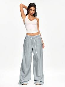 ROMWE 休闲条纹弹力抽绳宽松阔腿牛仔裤 - 藍色 - 查看 6