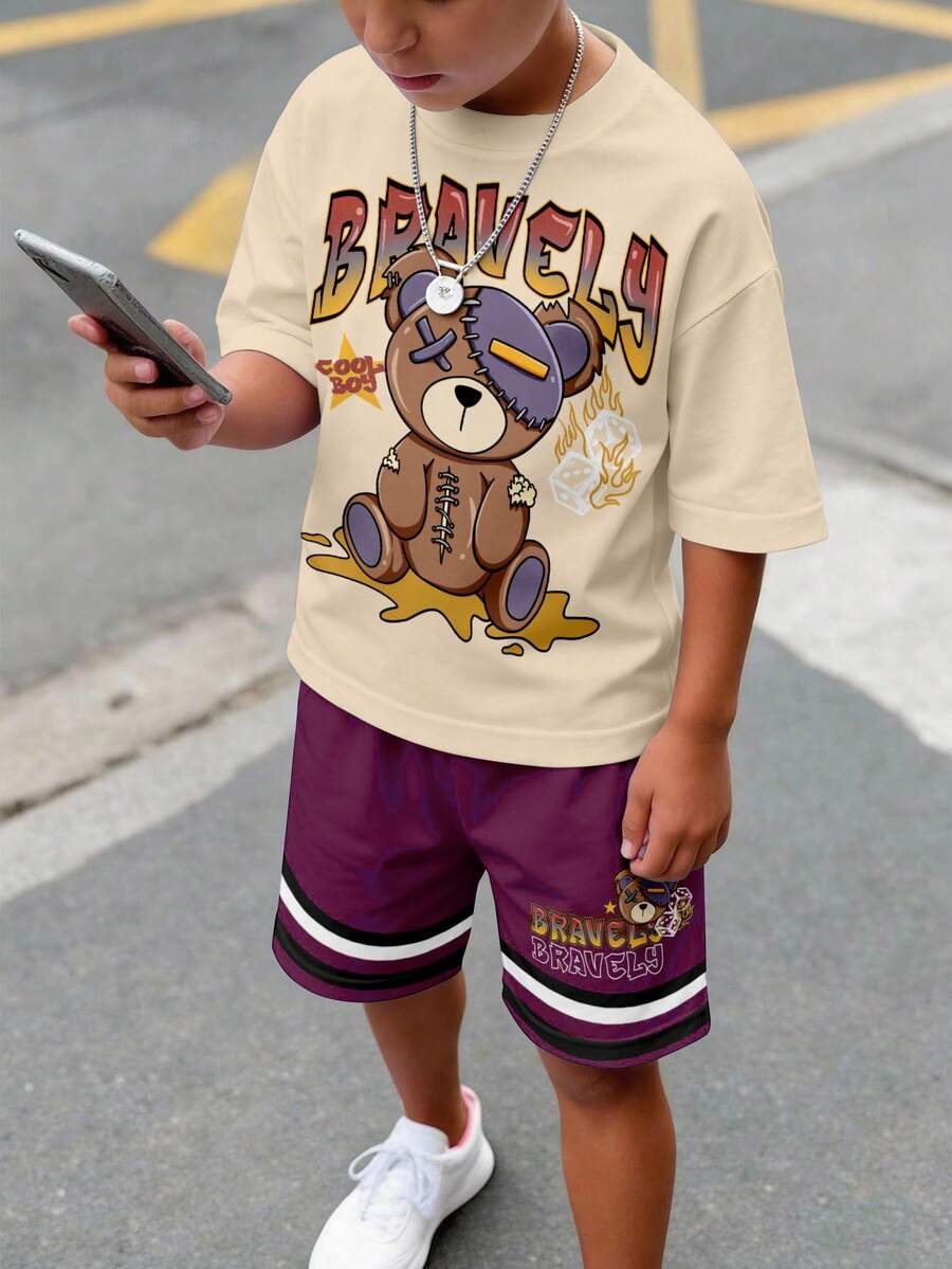 Tween Boy Casual Comfortable Minimalist Round Neck Short Sleeve T-Shirt And Shorts Set,Kids - Multicolor - View 1